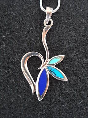 Vintage Southwestern Turquoise Lapis Lazuli Inlay Sterling Silver Floral Pendant